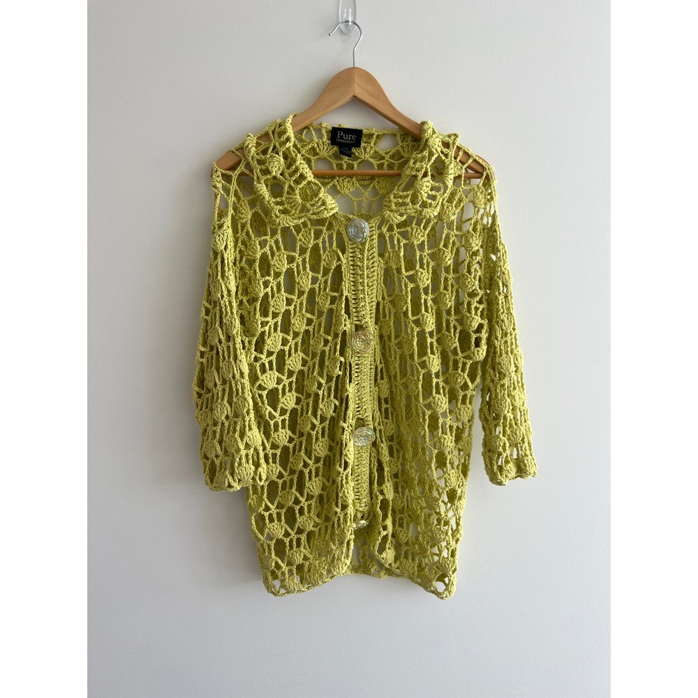 Pure Handknit Cardigan Women L/XL Green Crochet Knit Swimsuit Cover Up Cotton
